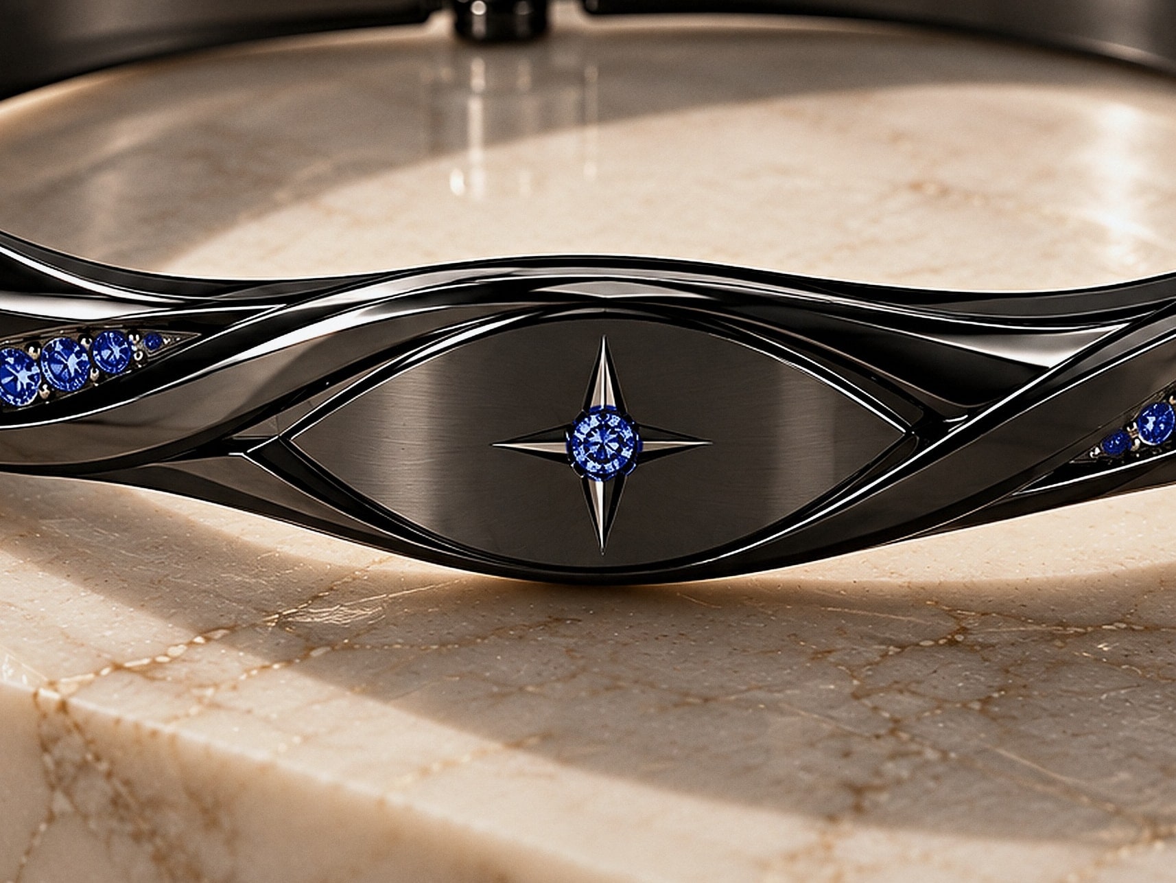 The eye of The Line — a sapphire in the star, sapphires either side