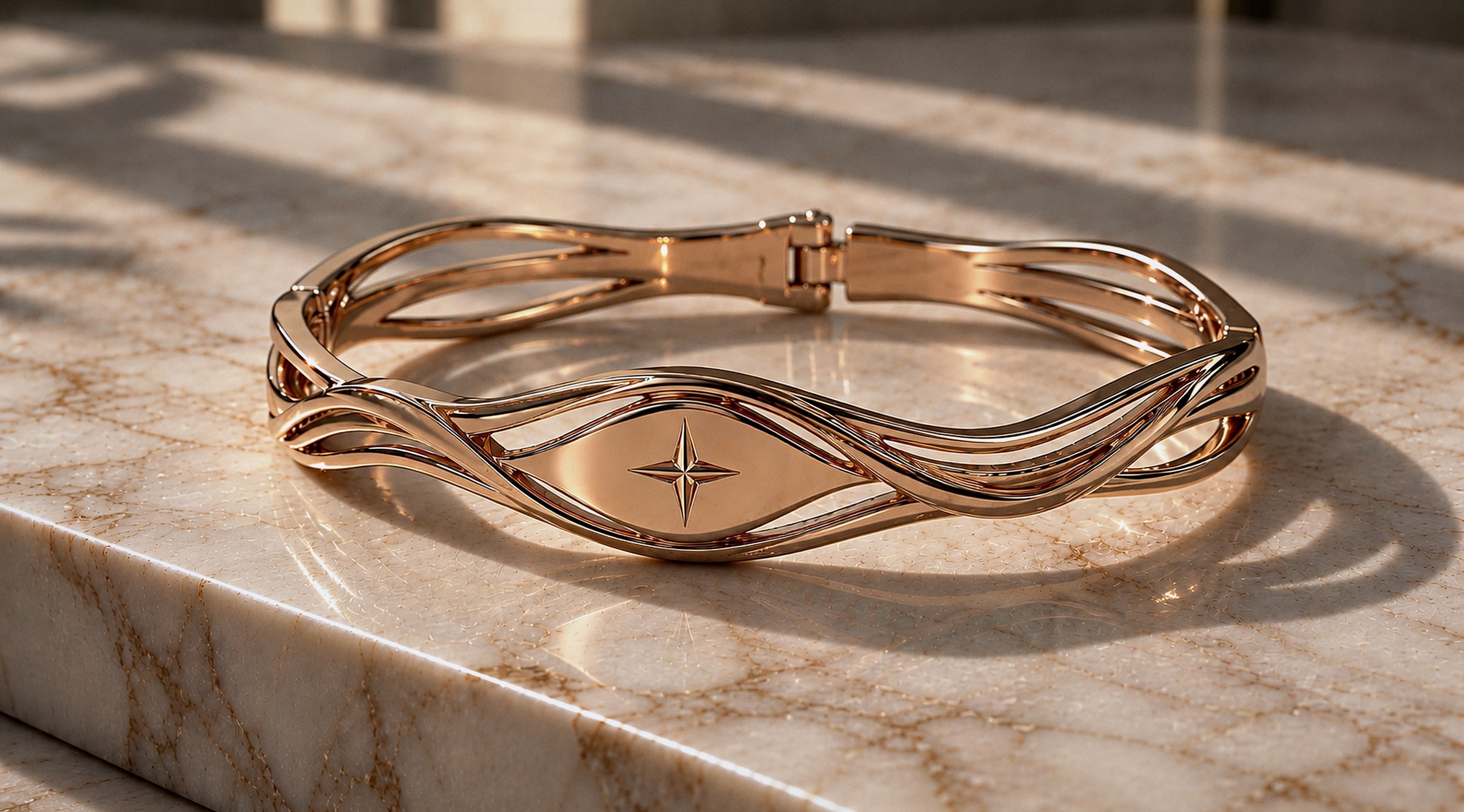 The Wave in rose gold on marble, in window light